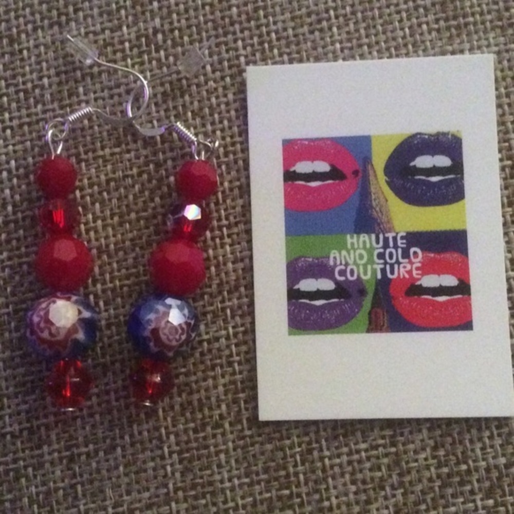 NEW Handmade Floral Red & Blue Glass  Earrings